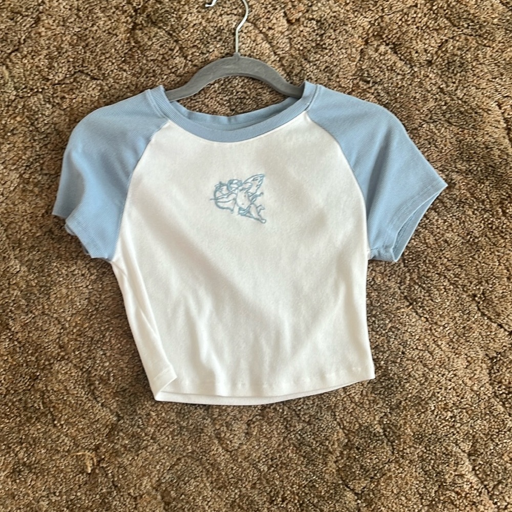 White and baby blue baseball baby tee Seriously Soft Aeropostale size M